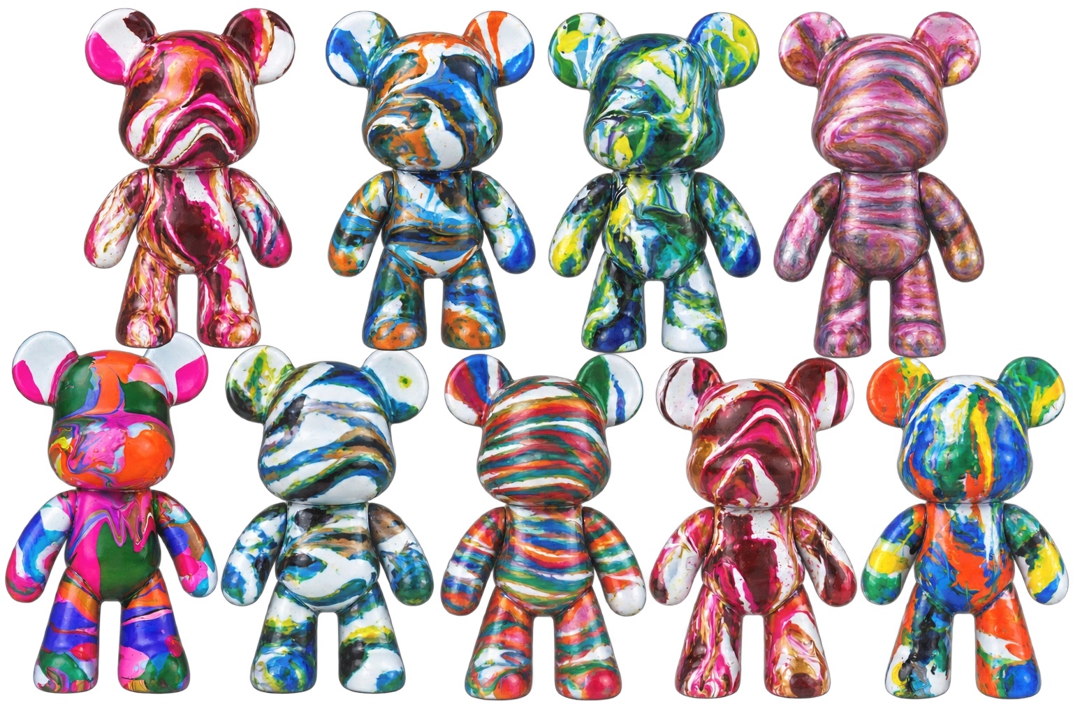 Colorful drip-painted bear sculptures