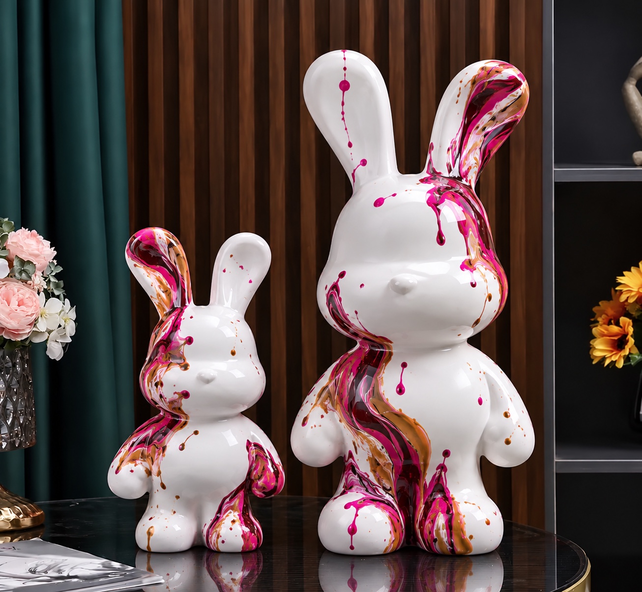 Pink and gold drip painted bunnies